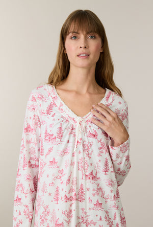 A lady wearing Winter Cottage Toile Cotton Ballet Nightgown closer look