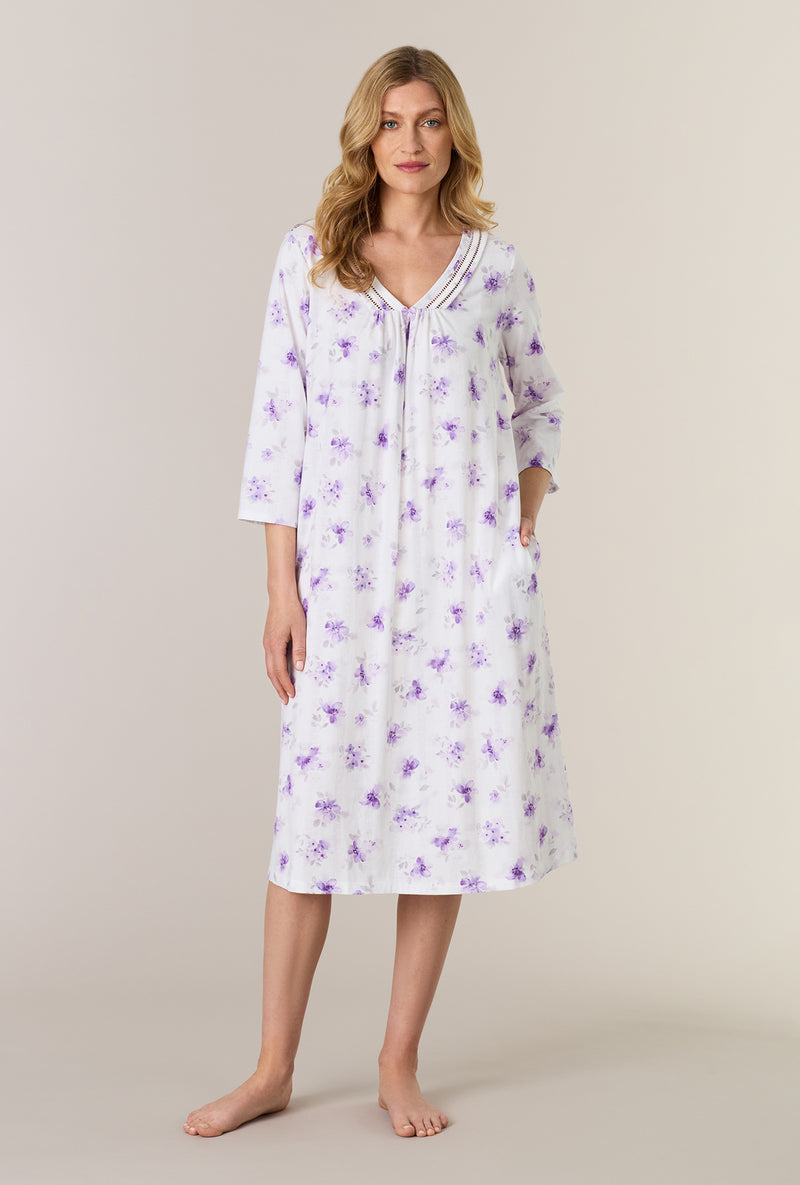 A lady wearing Lilac Blooms Cotton Midi Nightgown