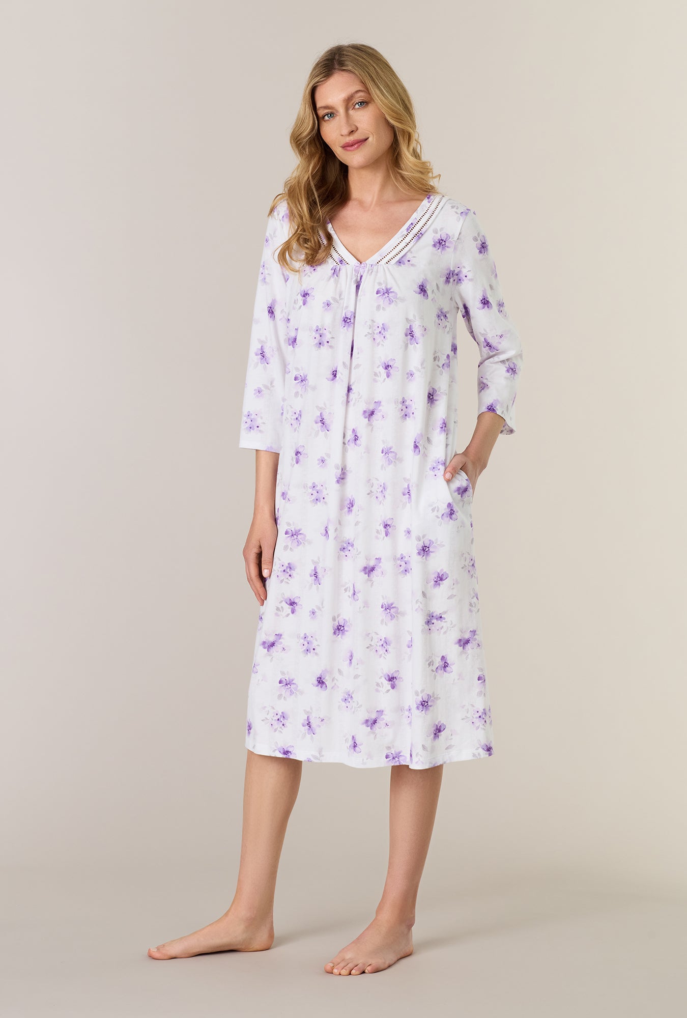 A lady wearing Lilac Blooms Cotton Midi Nightgown