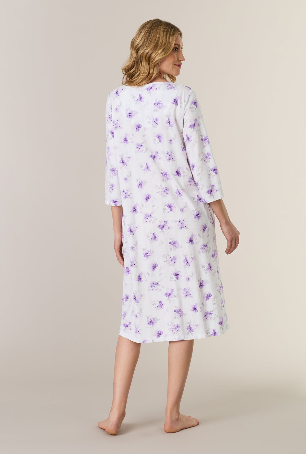 A lady wearing Lilac Blooms Cotton Midi Nightgown back view