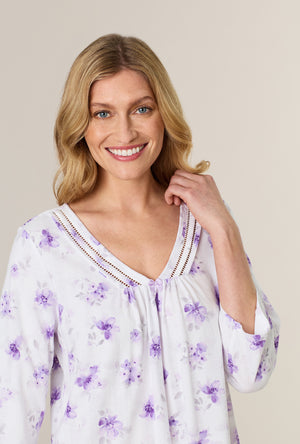 A lady wearing Lilac Blooms Cotton Midi Nightgown closer look