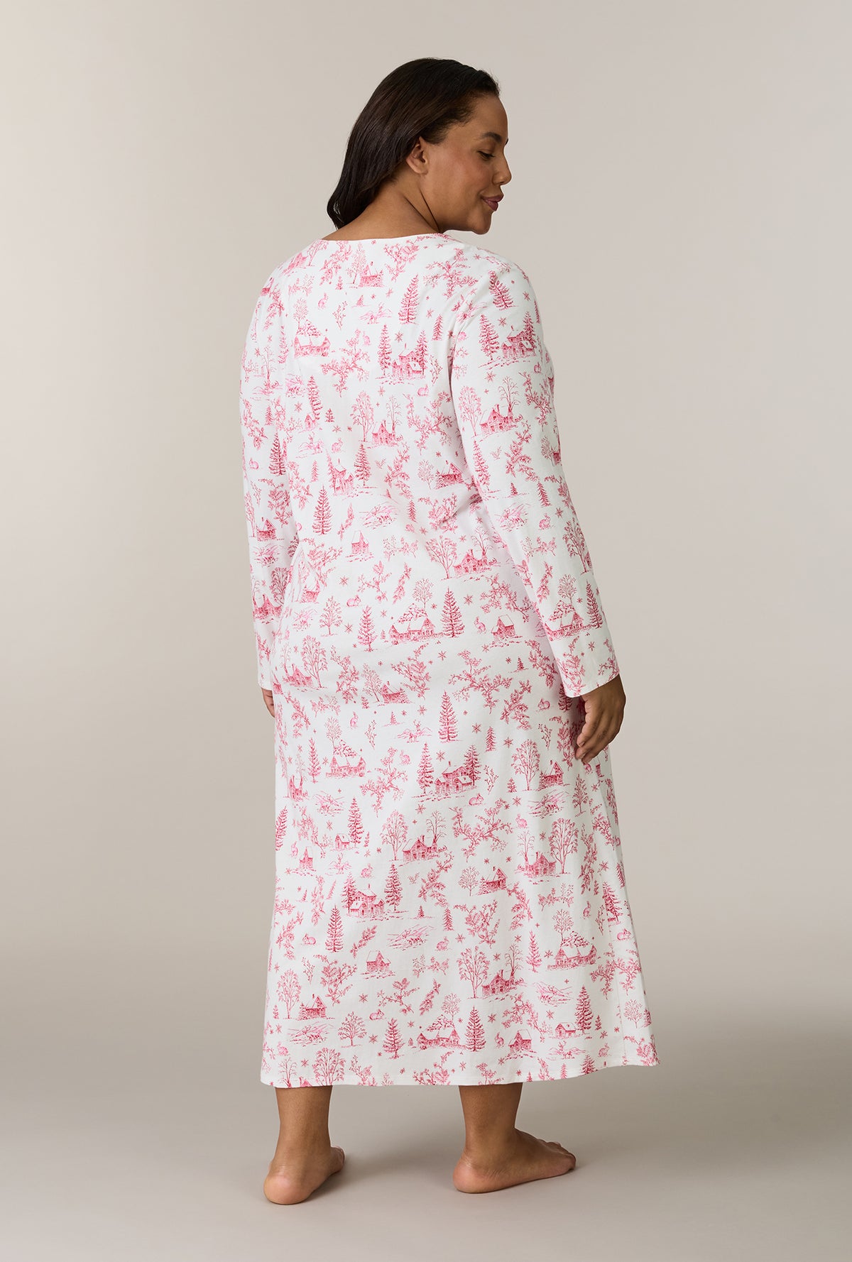 A lady wearing plus size Winter Cottage Toile Cotton Ballet Nightgown back view