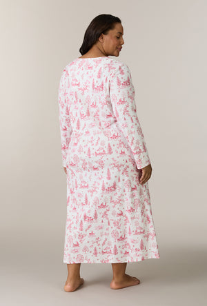 A lady wearing plus size Winter Cottage Toile Cotton Ballet Nightgown back view