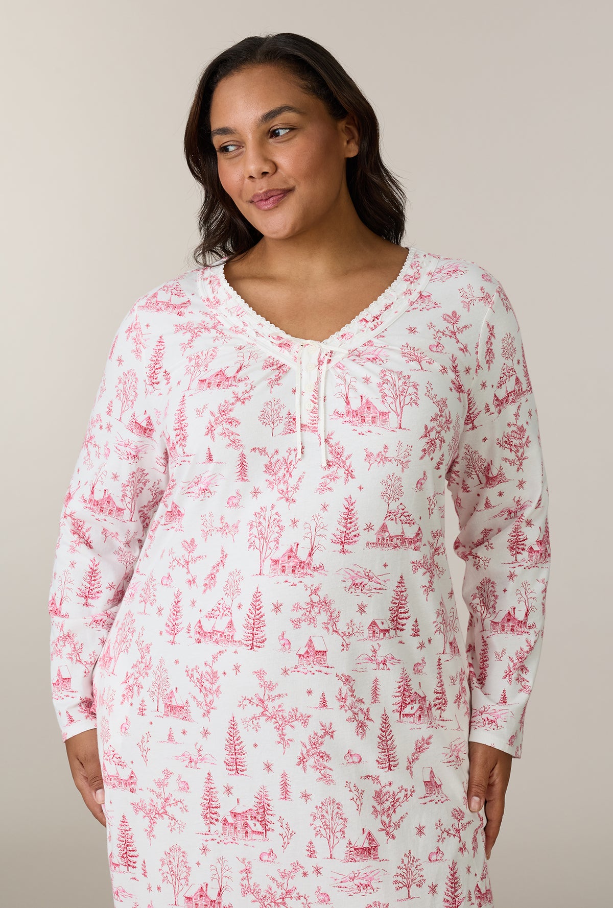 A lady wearing plus size Winter Cottage Toile Cotton Ballet Nightgown closer look