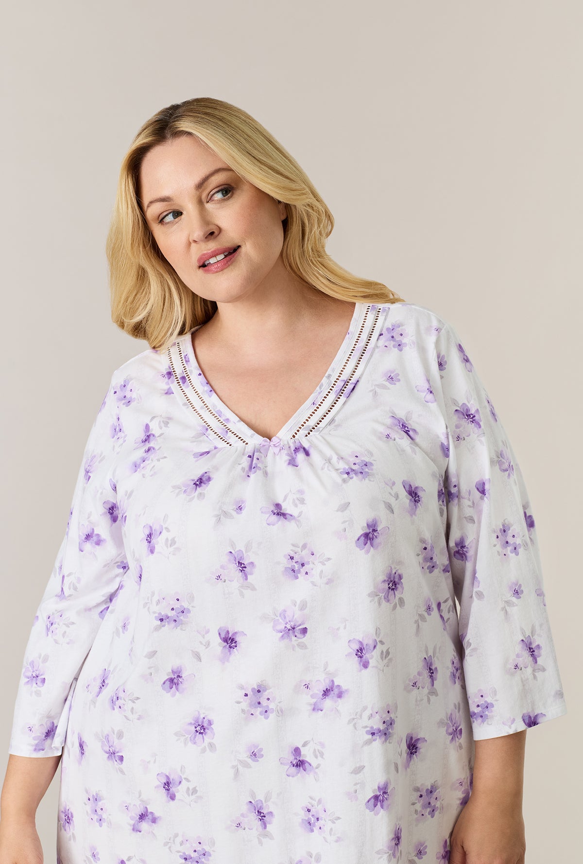 A lady wearing plus size Lilac Blooms Cotton Midi Nightgown closer look