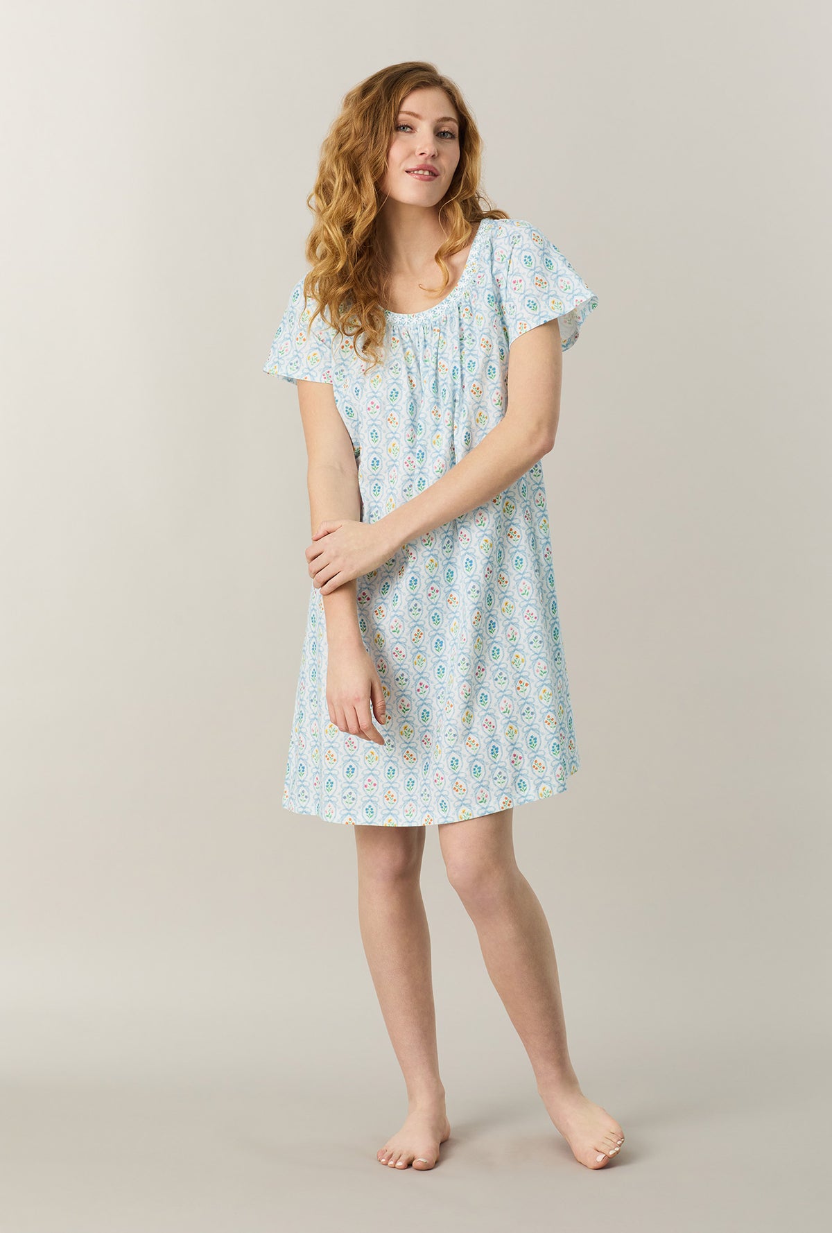 A lady wearing Vintage Garden Short Sleeve Cotton Short Nightgown