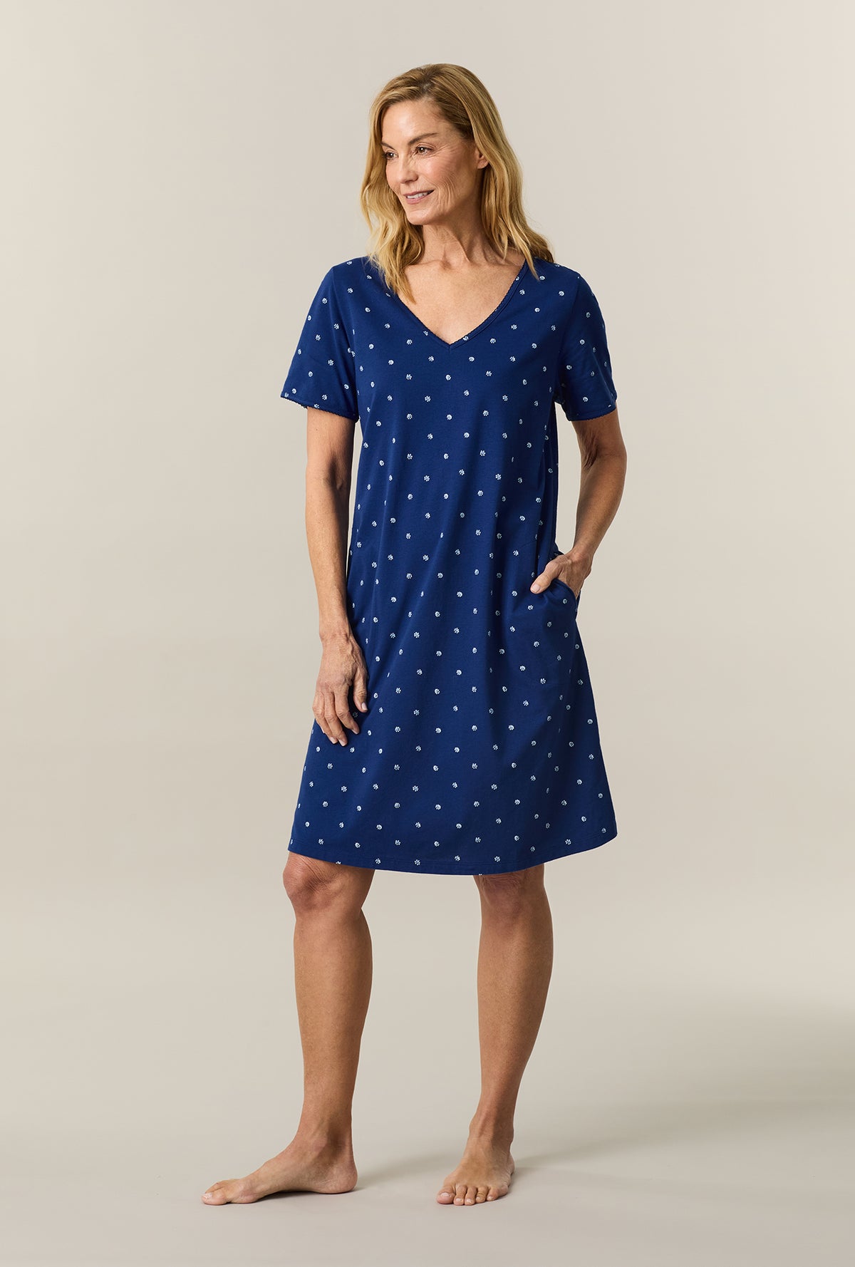 A lady wearing Blue Depths Ditsy Short Sleeve Cotton Short Sleepshirt