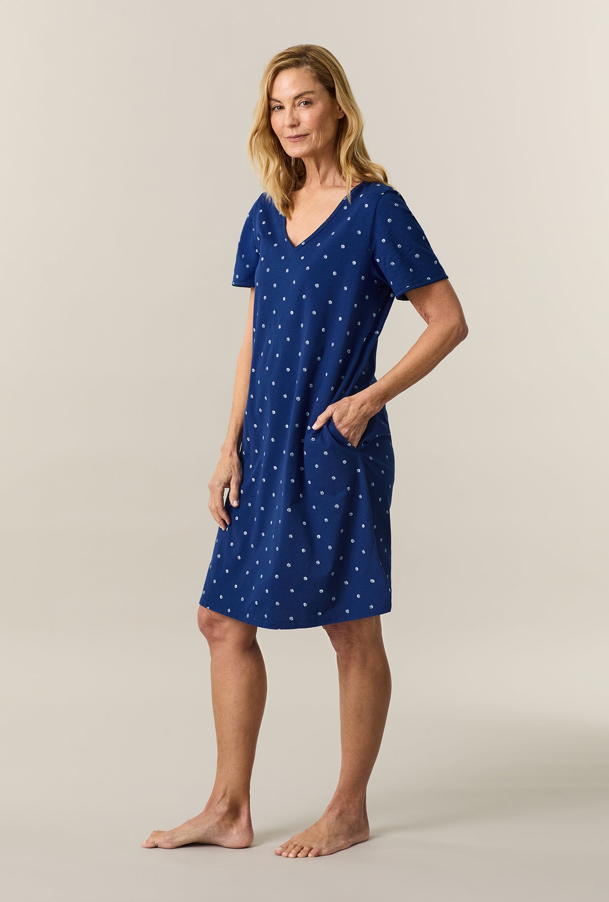 A lady wearing Blue Depths Ditsy Short Sleeve Cotton Short Sleepshirt