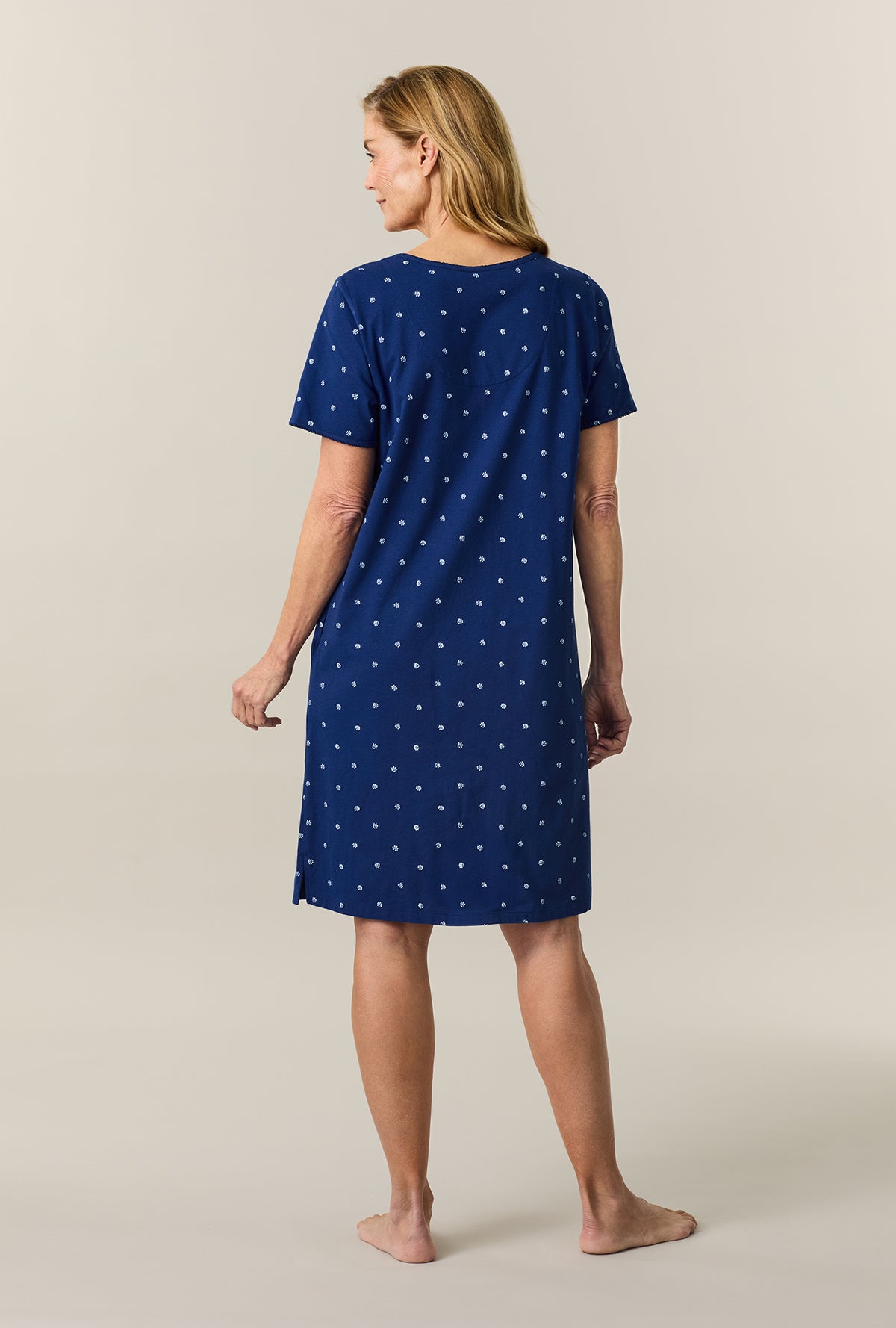 A lady wearing Blue Depths Ditsy Short Sleeve Cotton Short Sleepshirt
