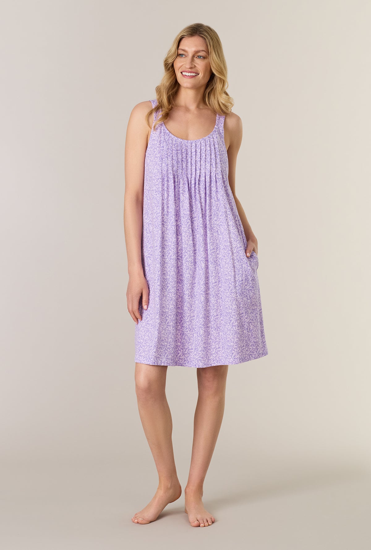 A lady wearing Lavendar Meadow Cotton Short Chemise