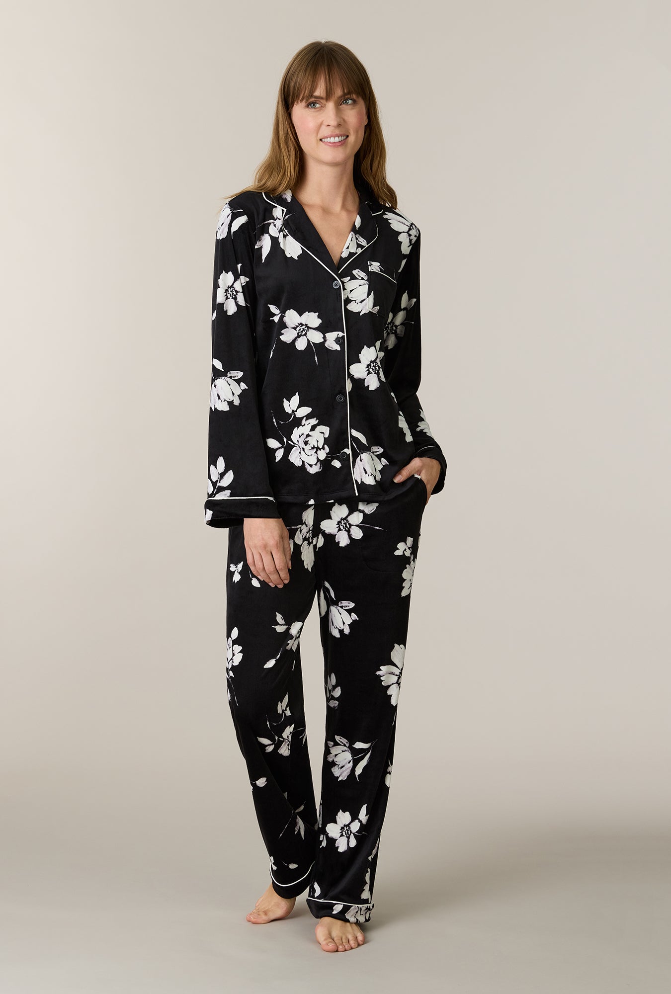 A lady wearing Midnight Blossom Stretch Velour Notch Collar Long Pajama Set