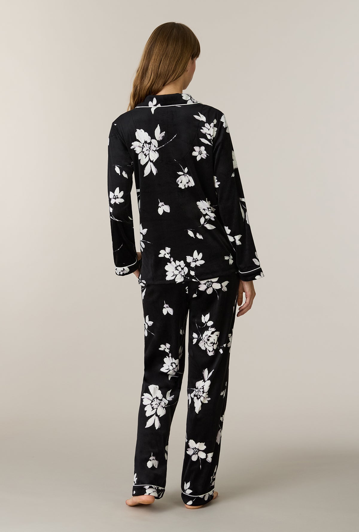 A lady wearing Midnight Blossom Stretch Velour Notch Collar Long Pajama Set back view