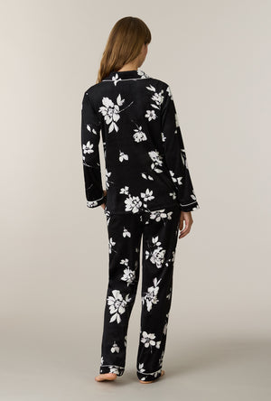 A lady wearing Midnight Blossom Stretch Velour Notch Collar Long Pajama Set back view