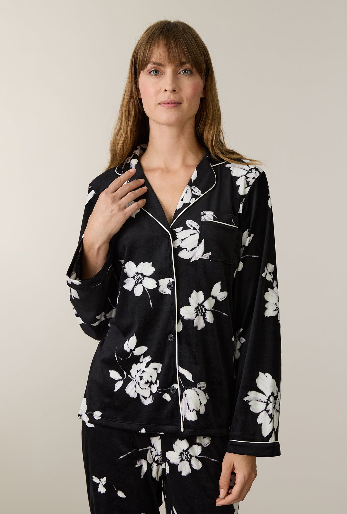 A lady wearing Midnight Blossom Stretch Velour Notch Collar Long Pajama Set closer look