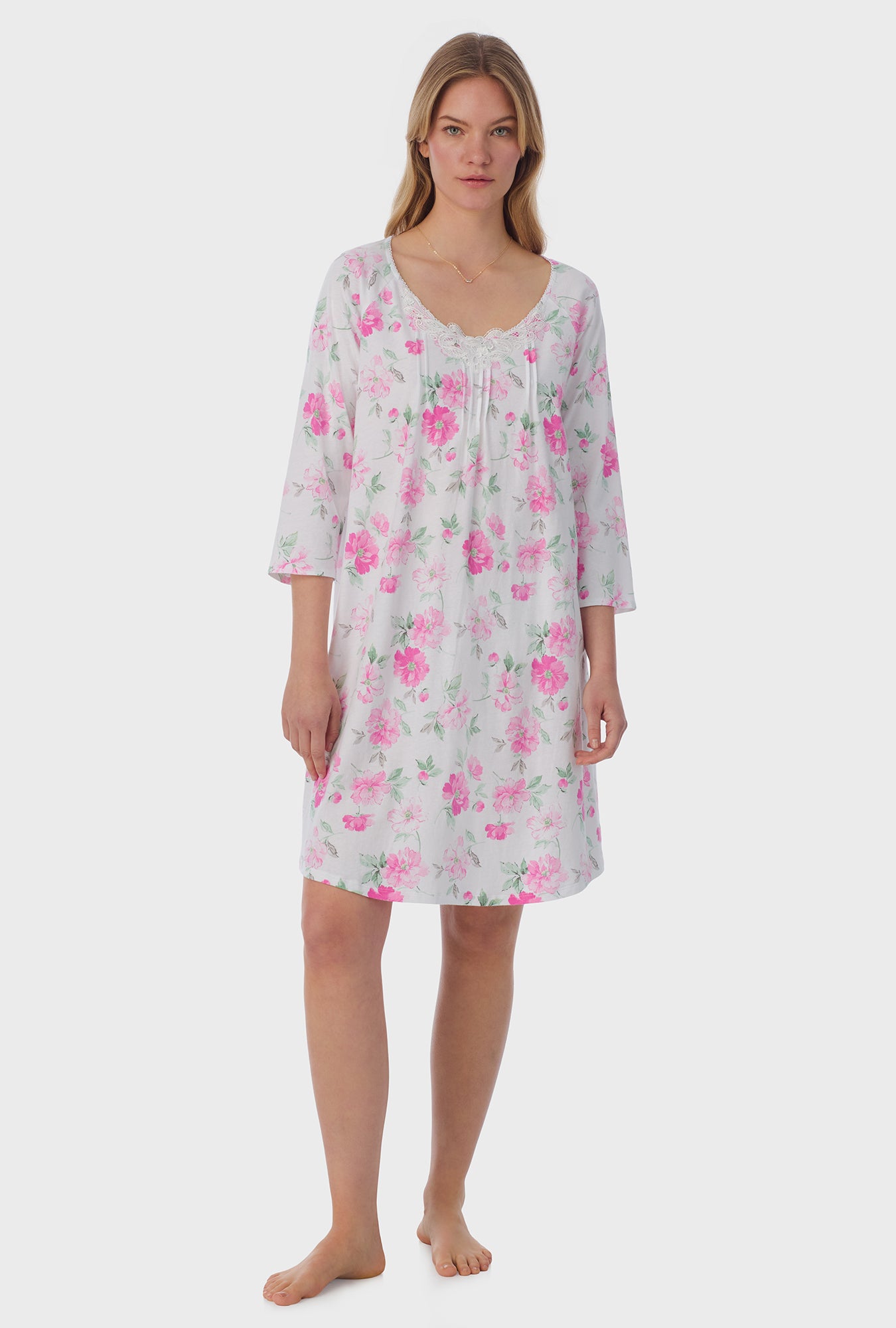 A lady wearing quarter sleeve Cotton Short Nightgown with Dream Garden print   