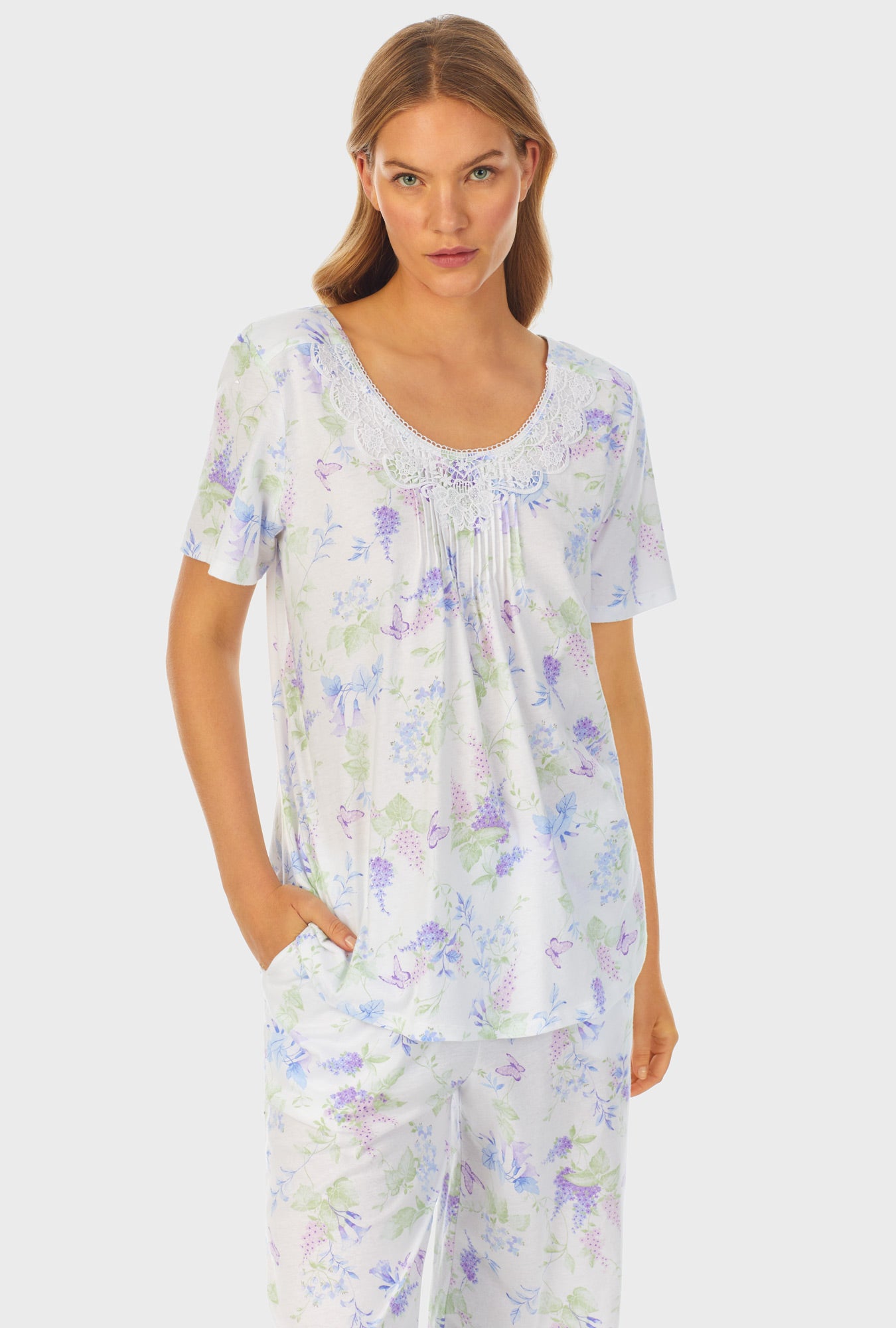 A lady wearing Cotton Long Pajama Set with Butterfly Garden print