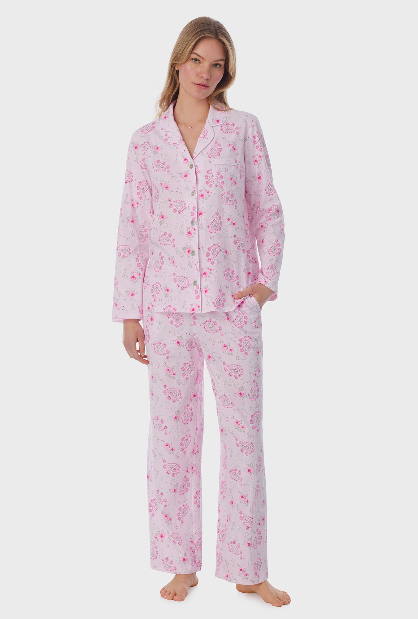 A lady wearing long sleeve Cotton Long Pajama Set with Paisley Floral print