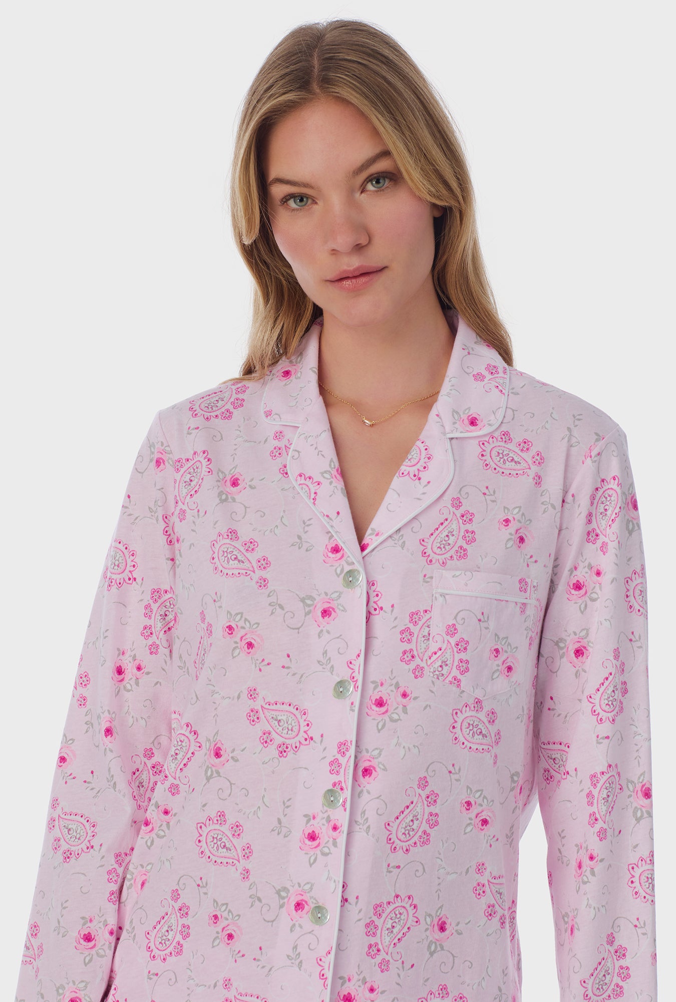 A lady wearing long sleeve Cotton Long Pajama Set with Paisley Floral print