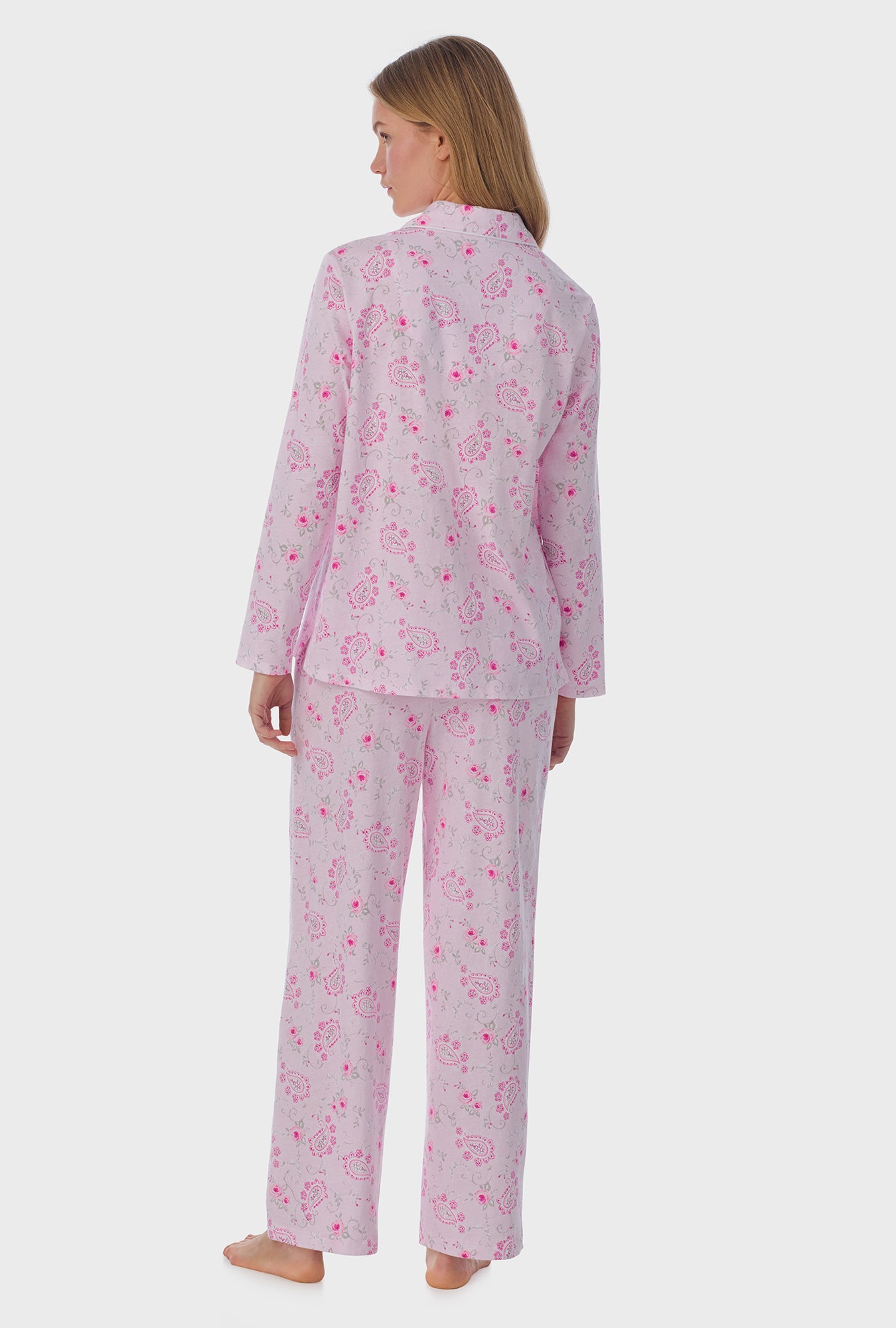 A lady wearing long sleeve Cotton Long Pajama Set with Paisley Floral print