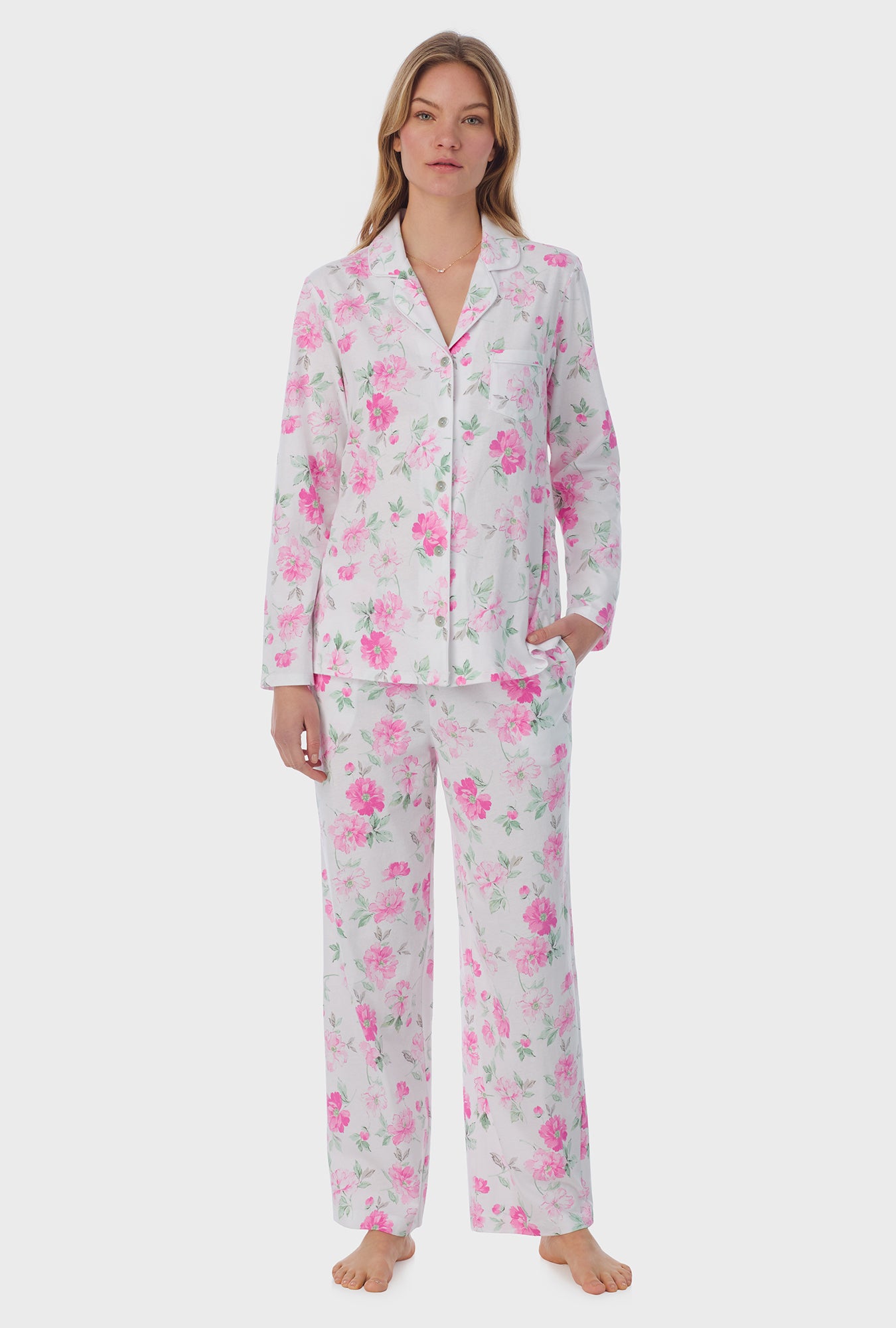 A lady wearing long sleeve Long Pajama Set with Dream Garden print 