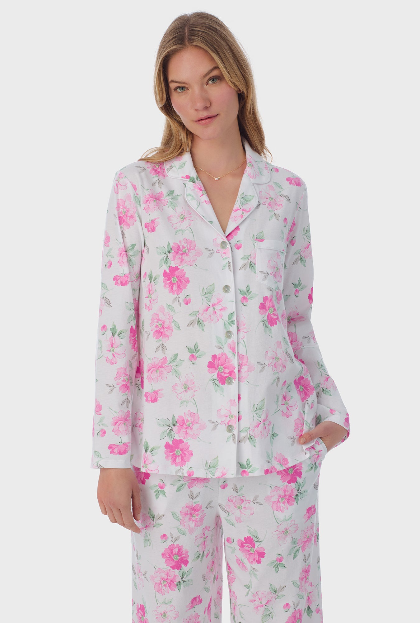 A lady wearing long sleeve Long Pajama Set with Dream Garden print 