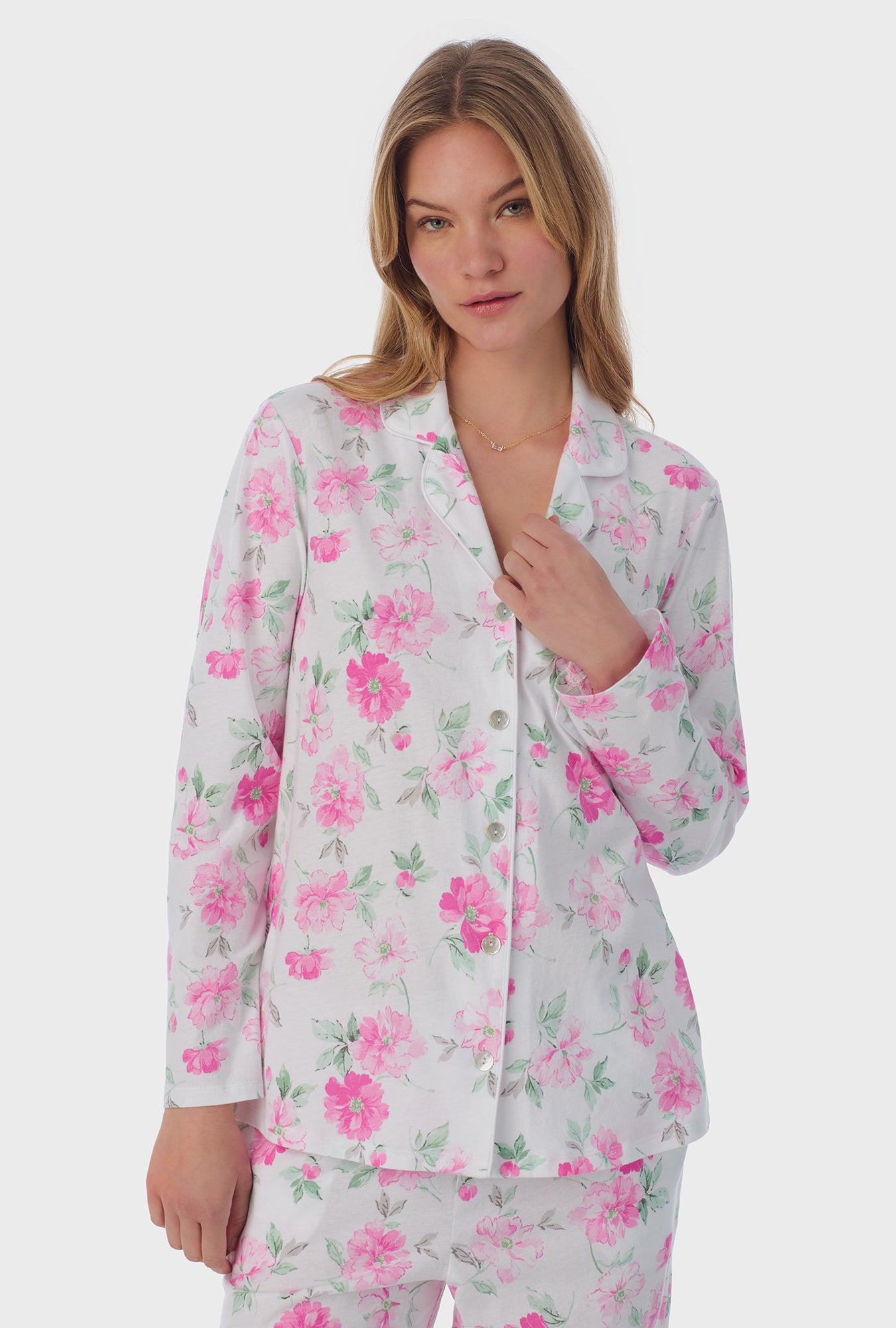 A lady wearing long sleeve Long Pajama Set with Dream Garden print 