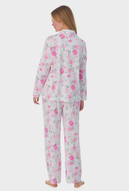 A lady wearing long sleeve Long Pajama Set with Dream Garden print 