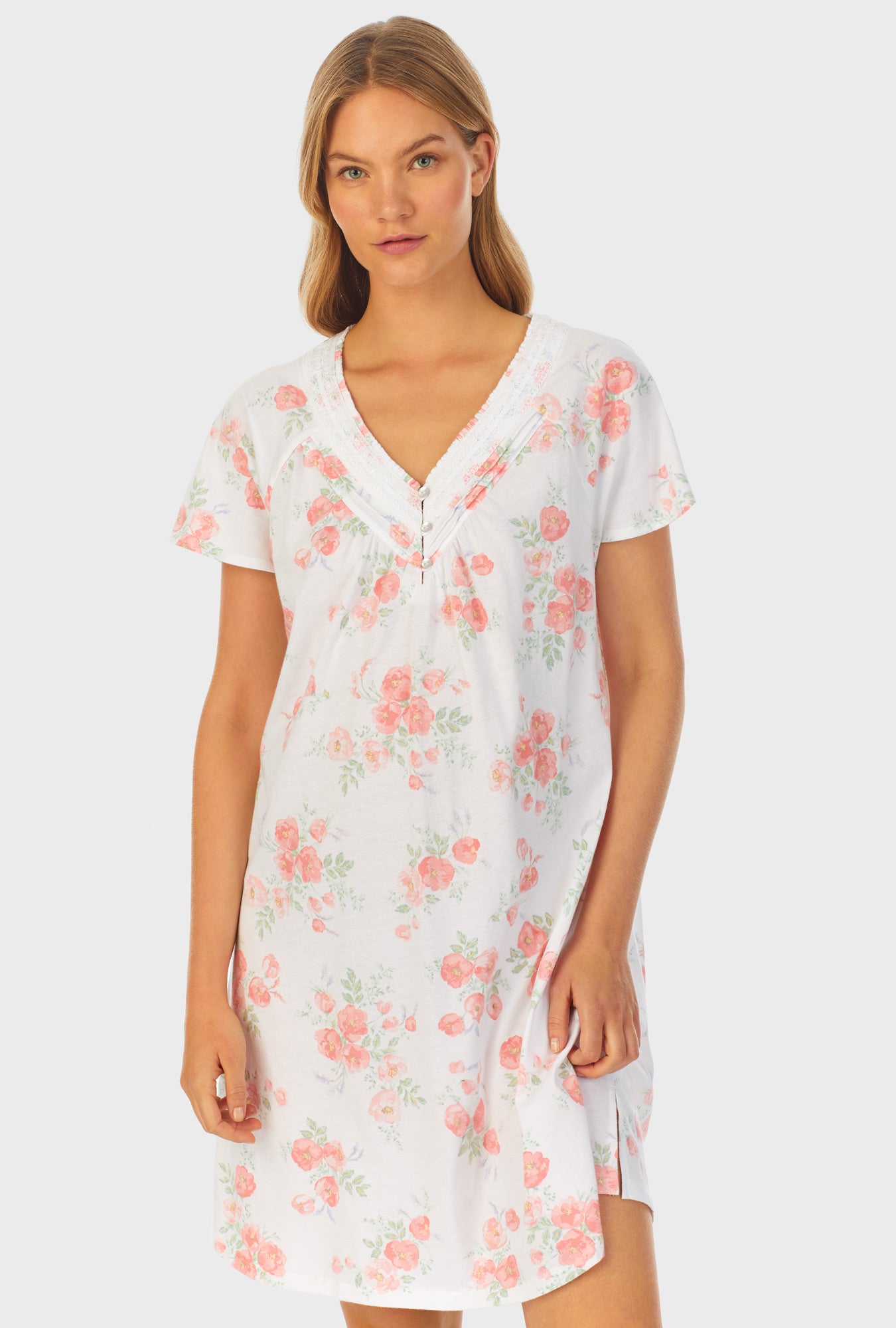 A lady wearing white short sleeve Cotton Short Nightgown with Watercolor Fleur print