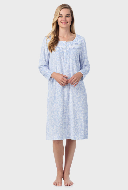 A lady wearing waltz nightgown with camellia print