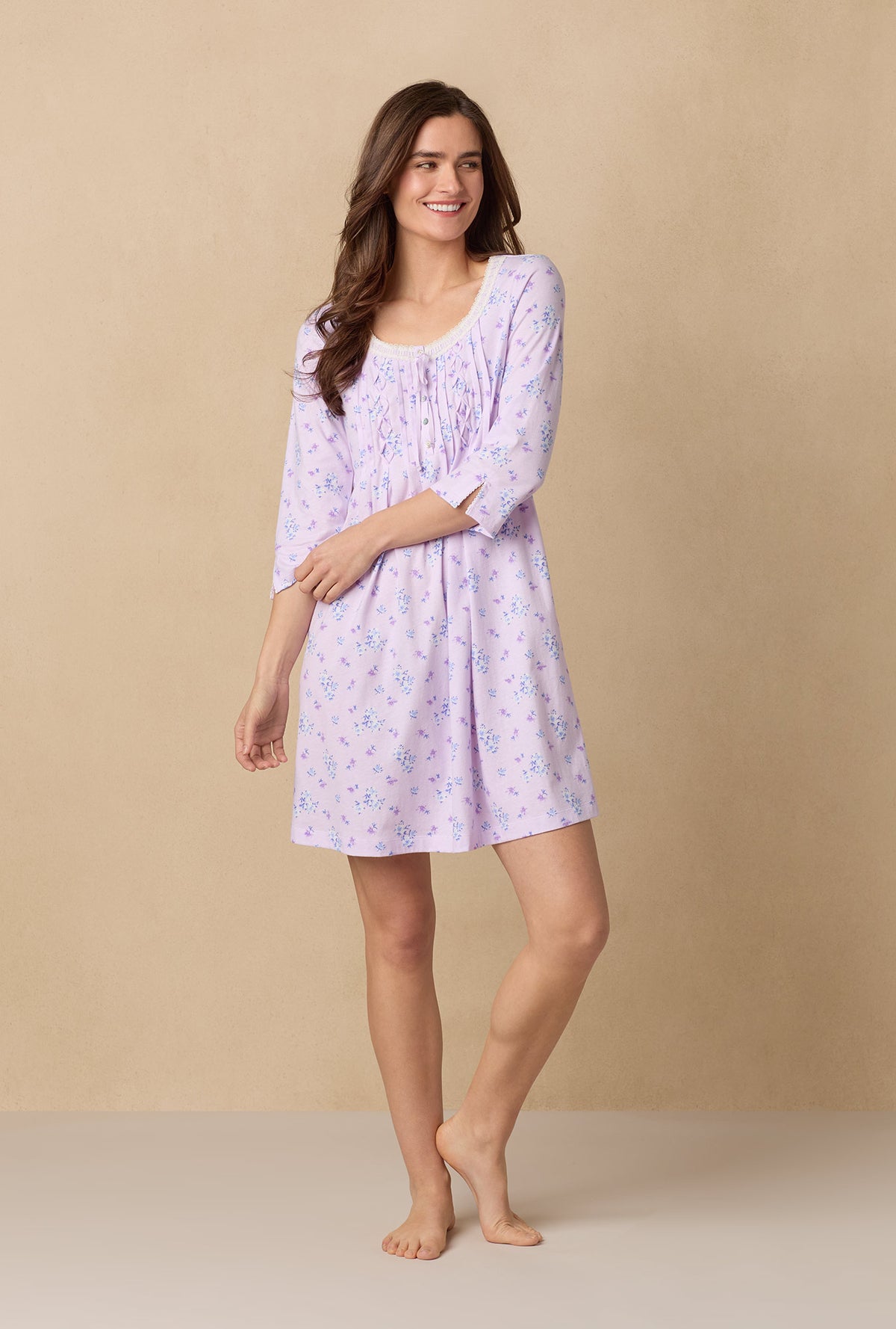 A lady wearing Mini Floral 3/4 Sleeve Cotton Short Nightgown