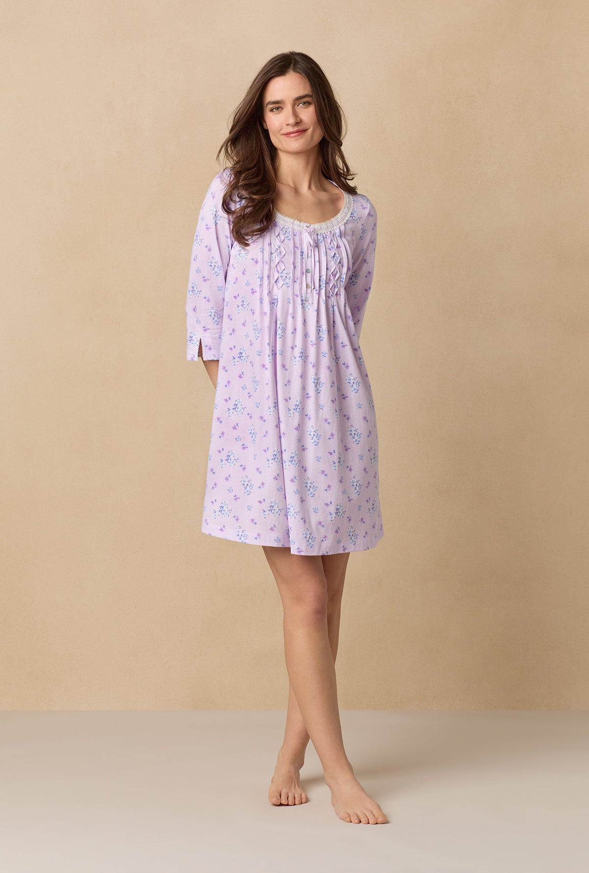 A lady wearing Mini Floral 3/4 Sleeve Cotton Short Nightgown