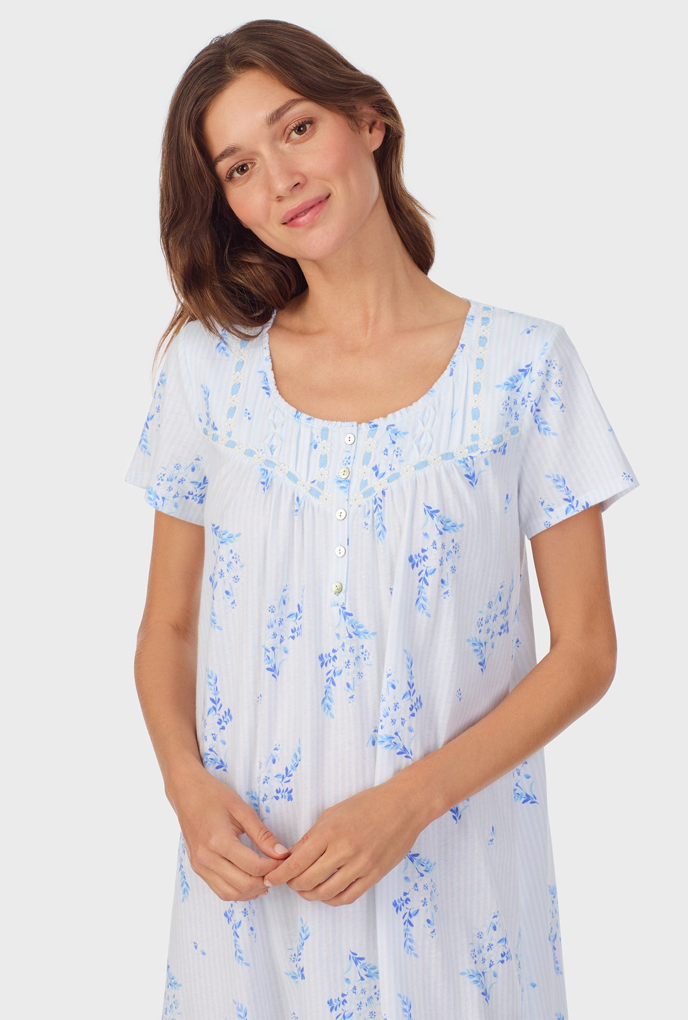 A lady wearing Floral Stripel Cotton Waltz Nightgown