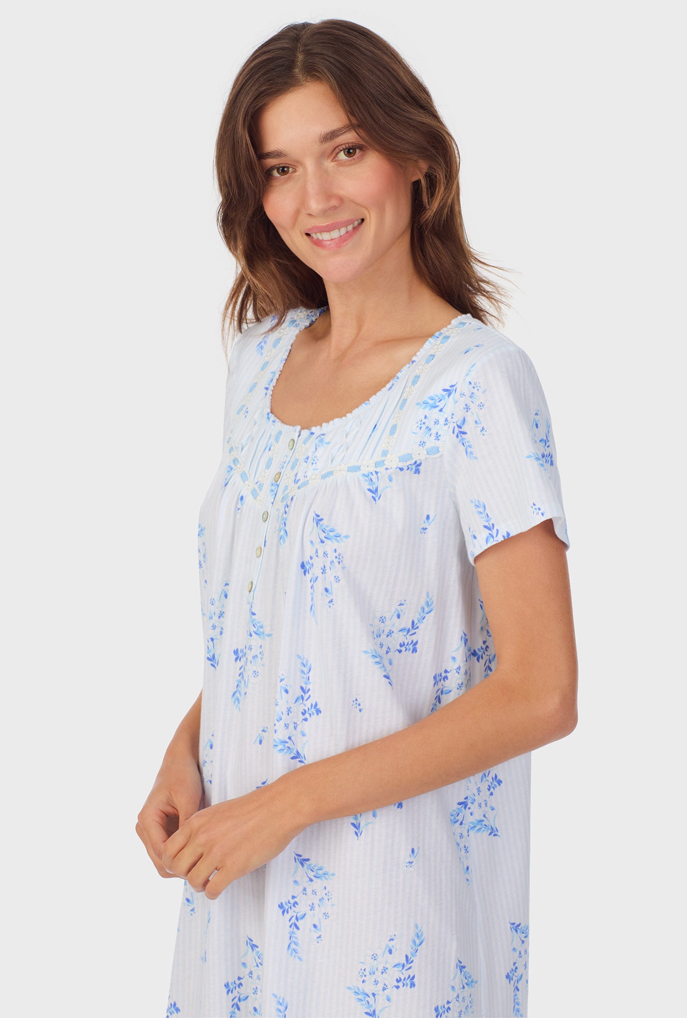 A lady wearing Floral Stripel Cotton Waltz Nightgown