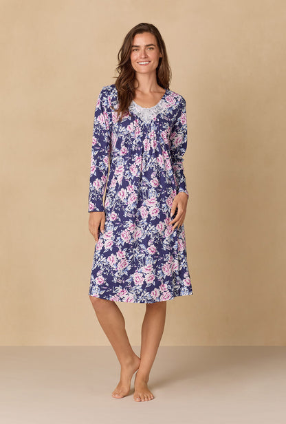 A lady wearing Midnight Garden Floral Waltz Cotton Knit Nightgown