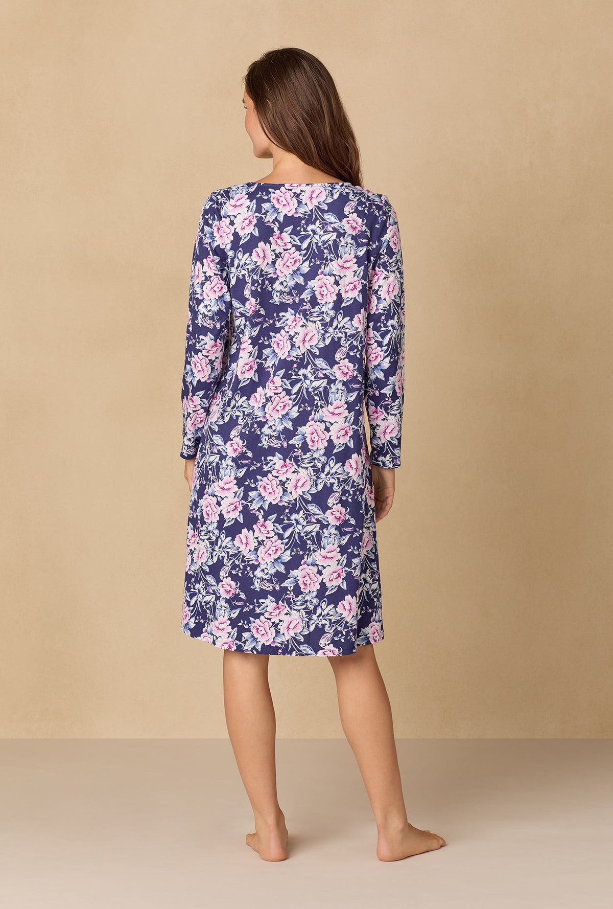 A lady wearing Midnight Garden Floral Waltz Cotton Knit Nightgown