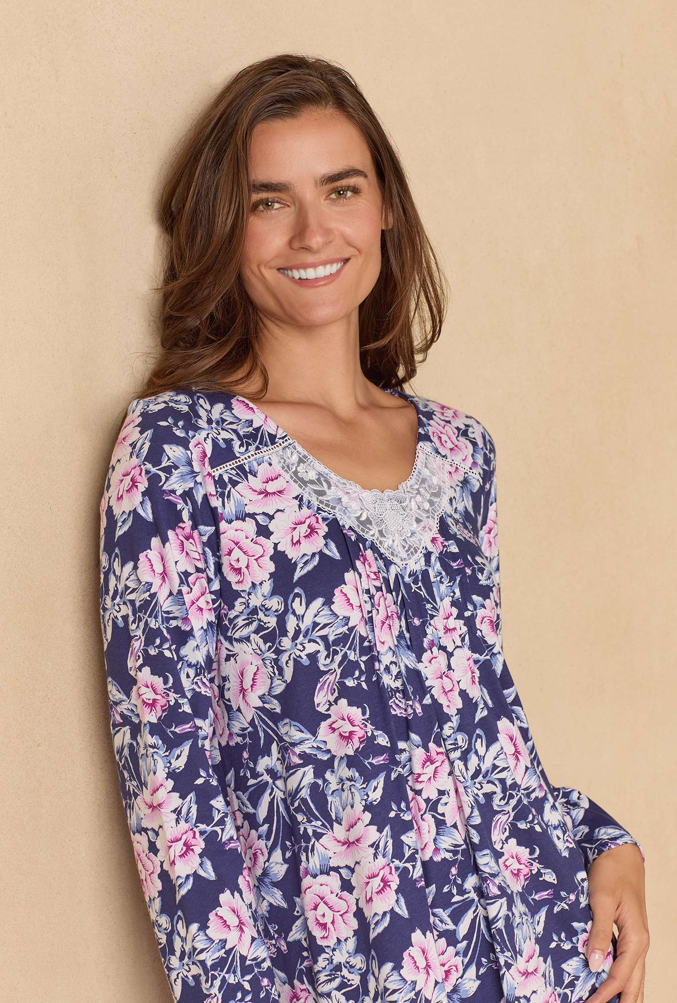 A lady wearing Midnight Garden Floral Waltz Cotton Knit Nightgown