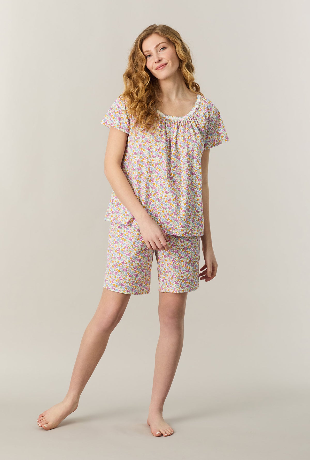 A lady wearing Summer Meadow Cotton Bermuda Pajama Set