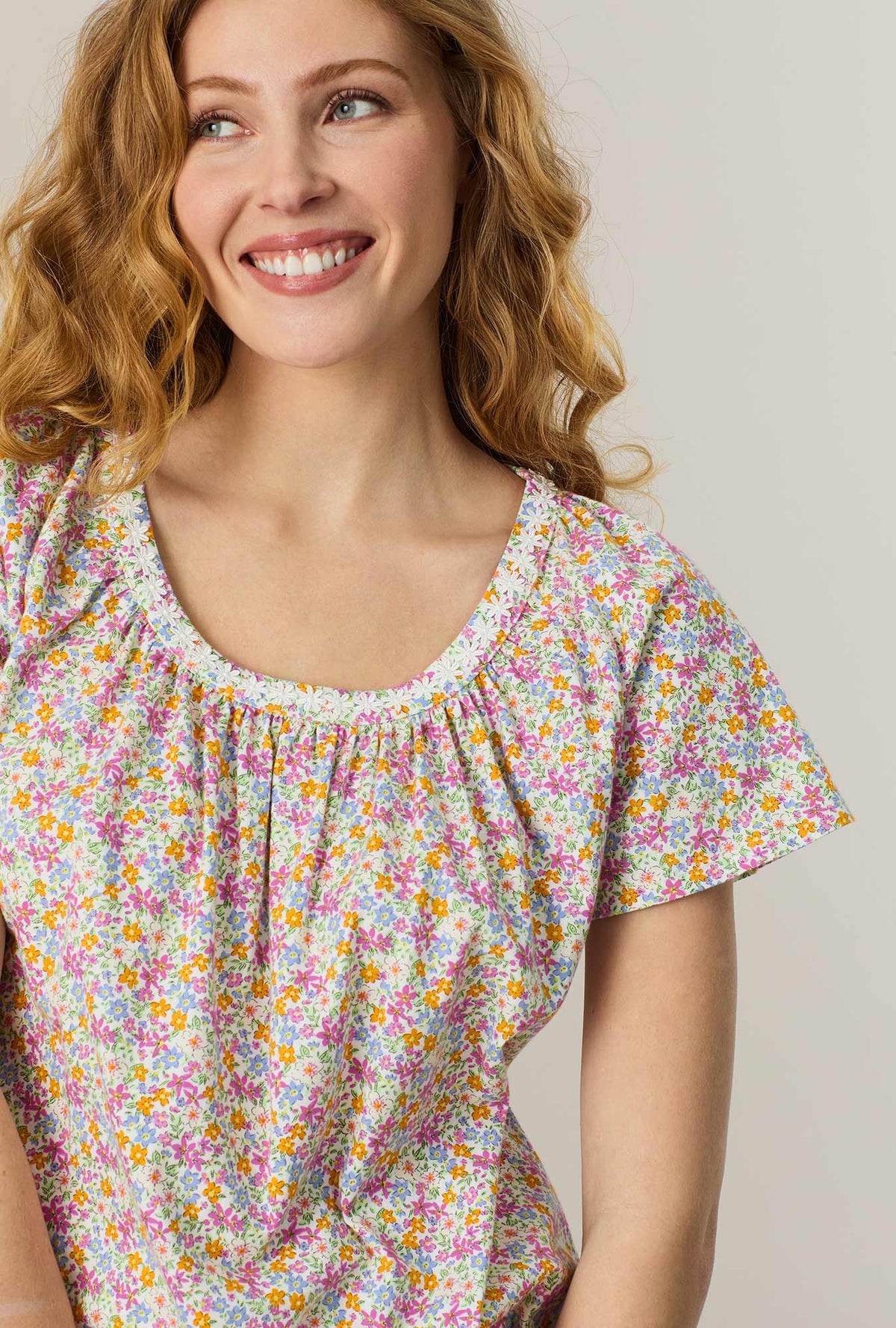 A lady wearing Summer Meadow Cotton Bermuda Pajama Set closer look