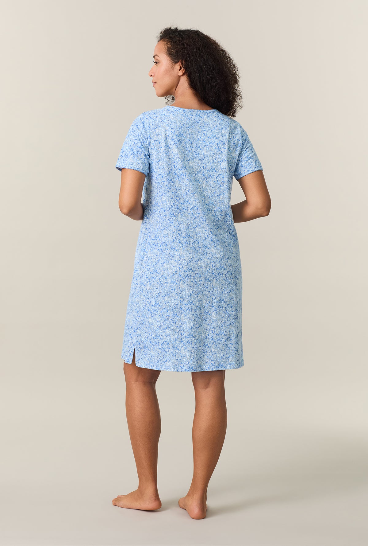 A lady wearing Ultramarine Floral Short Sleeve Cotton Short Sleepshirt