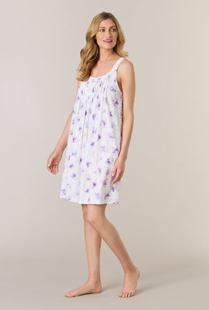 A lady wearing Lilac Blooms Cotton Short Chemise looking right side