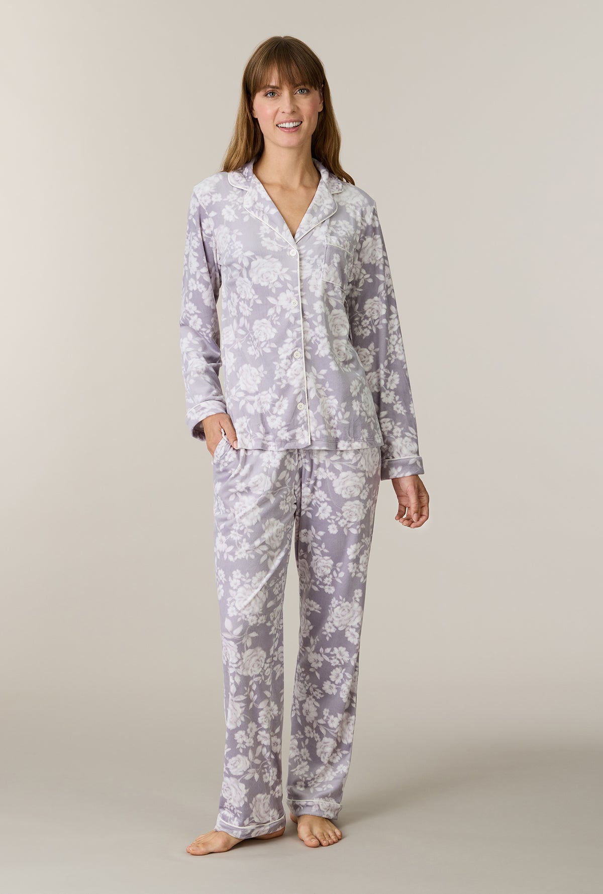 A lady wearing Winter Bouquet Stretch Velour Notch Collar Long Pajama Set hand in a pocket