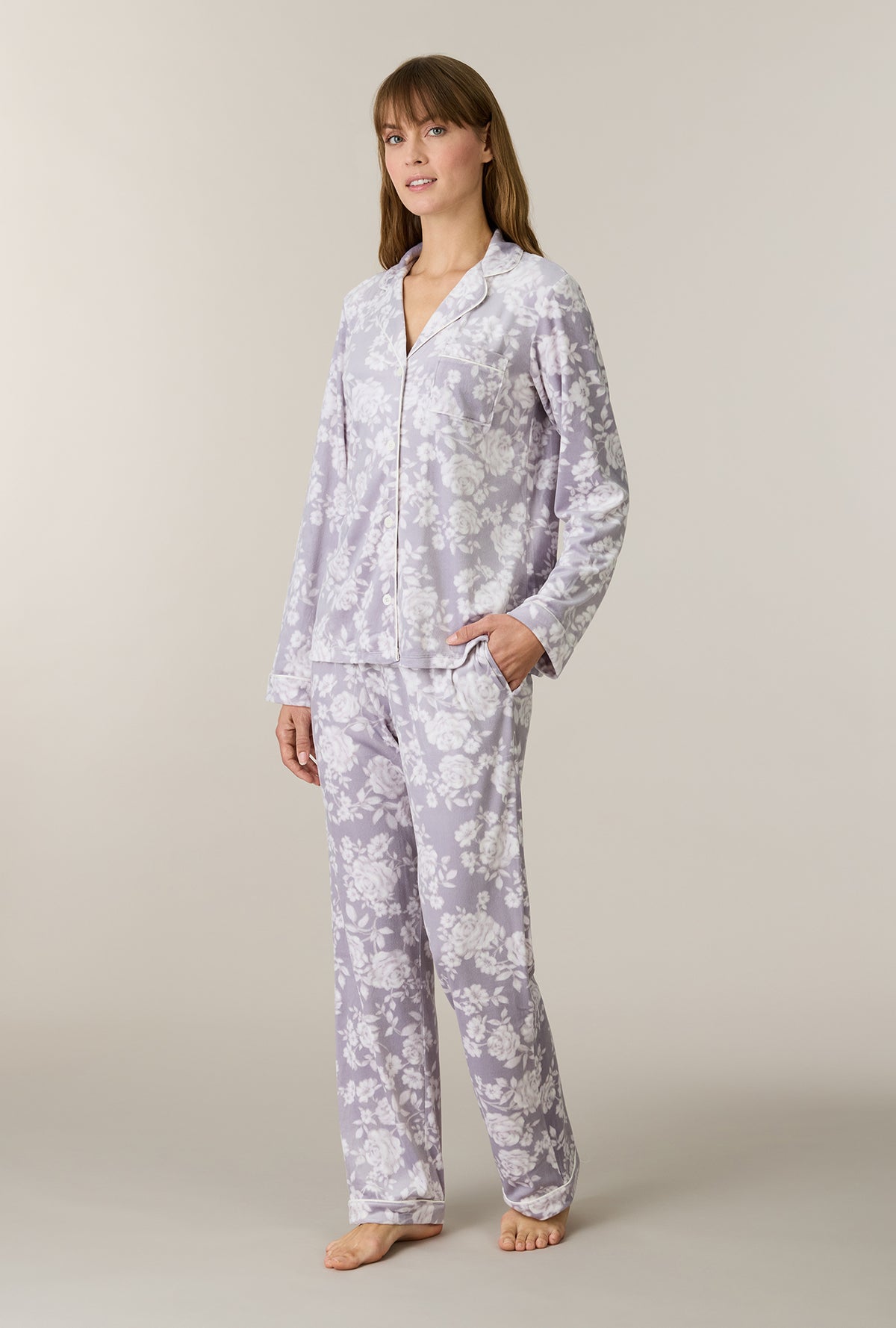 A lady wearing Winter Bouquet Stretch Velour Notch Collar Long Pajama Set walking