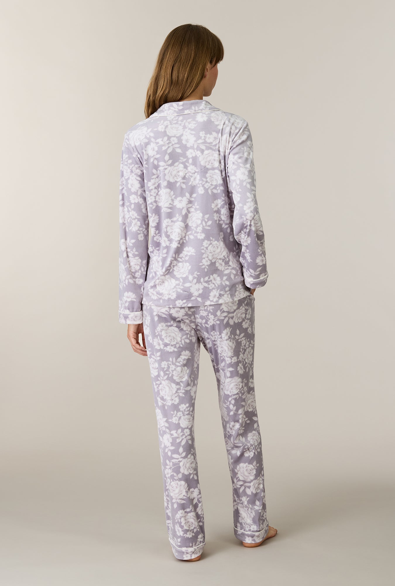 A lady wearing Winter Bouquet Stretch Velour Notch Collar Long Pajama Set