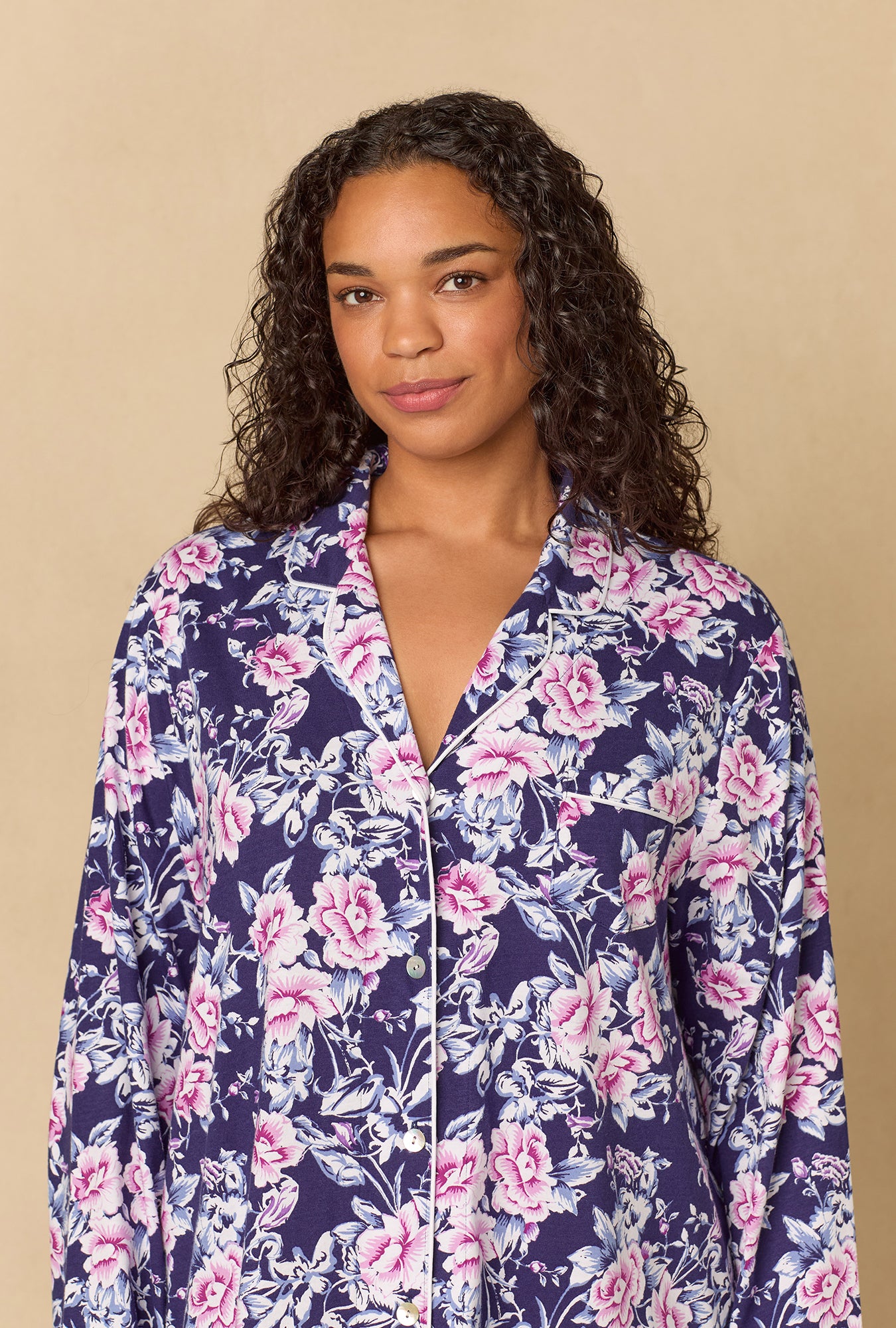 A lady wearing Plus Midnight Garden Short Cotton Knit Nightshirt