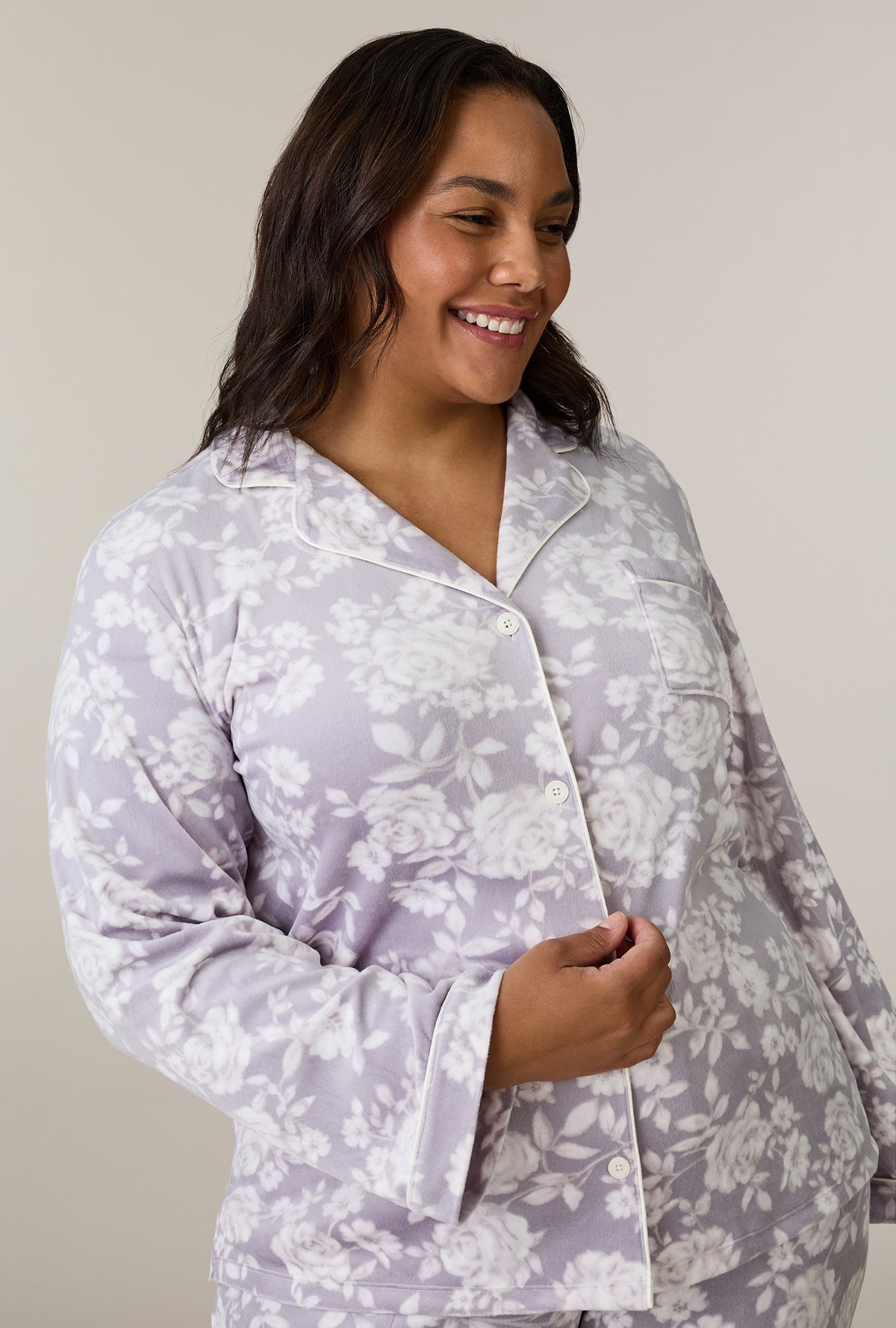 A lady wearing plus size Winter Bouquet Stretch Velour Notch Collar Long Pajama Set closer look
