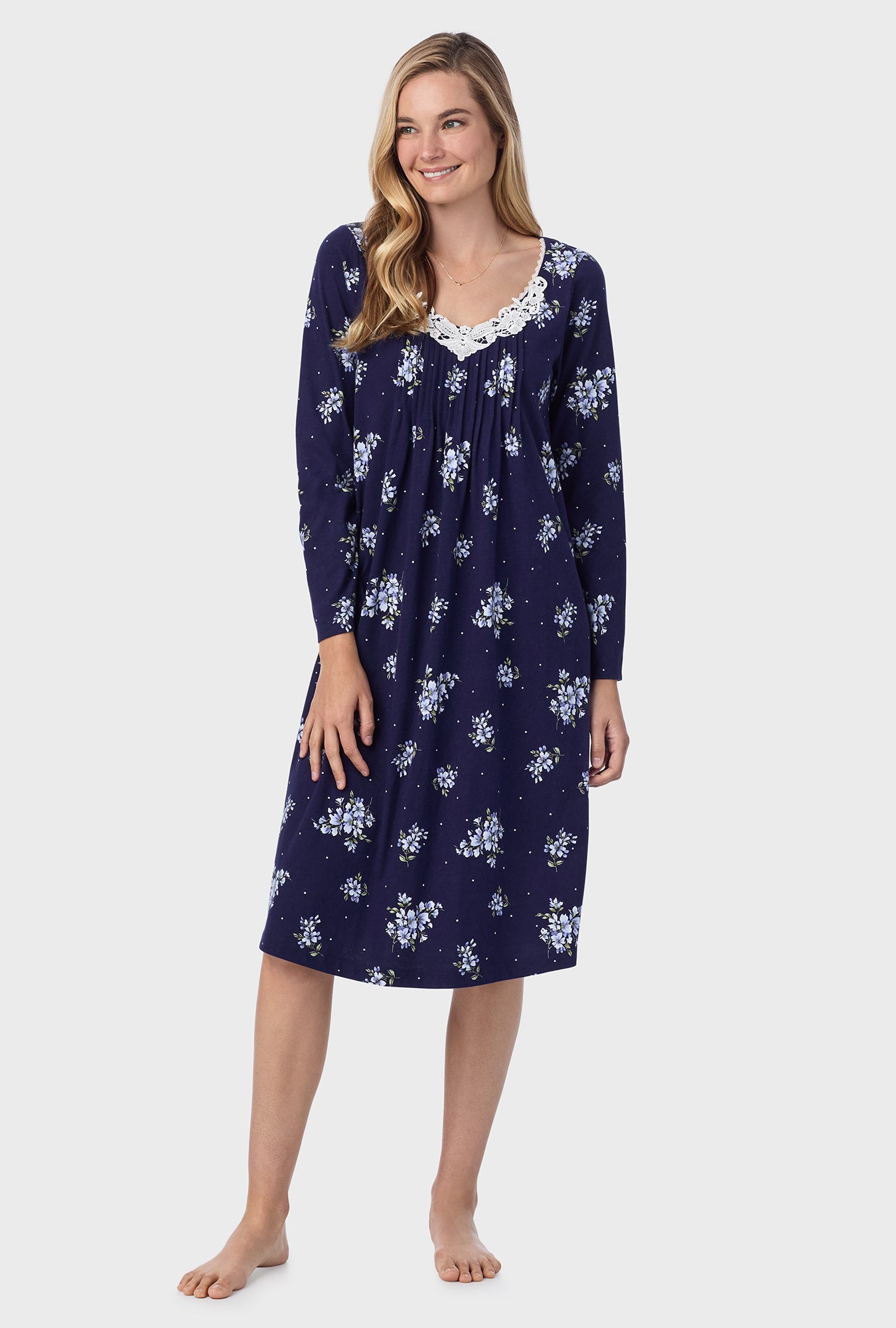 A lady wearing Navy Bouquet Cotton Waltz Nightgown