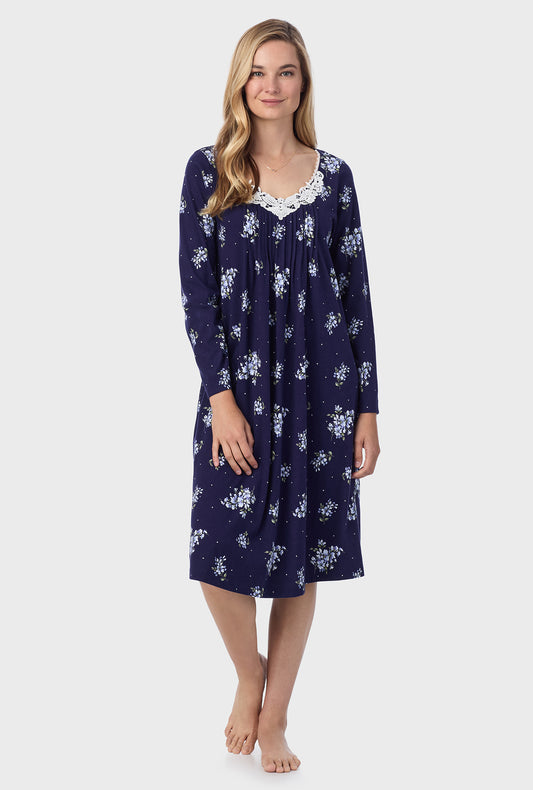 A lady wearing Navy Bouquet Cotton Waltz Nightgown