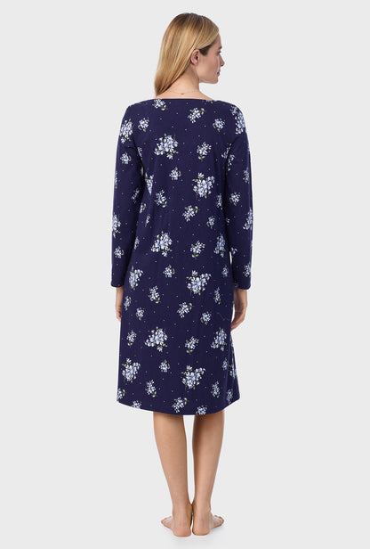 A lady wearing Navy Bouquet Cotton Waltz Nightgown