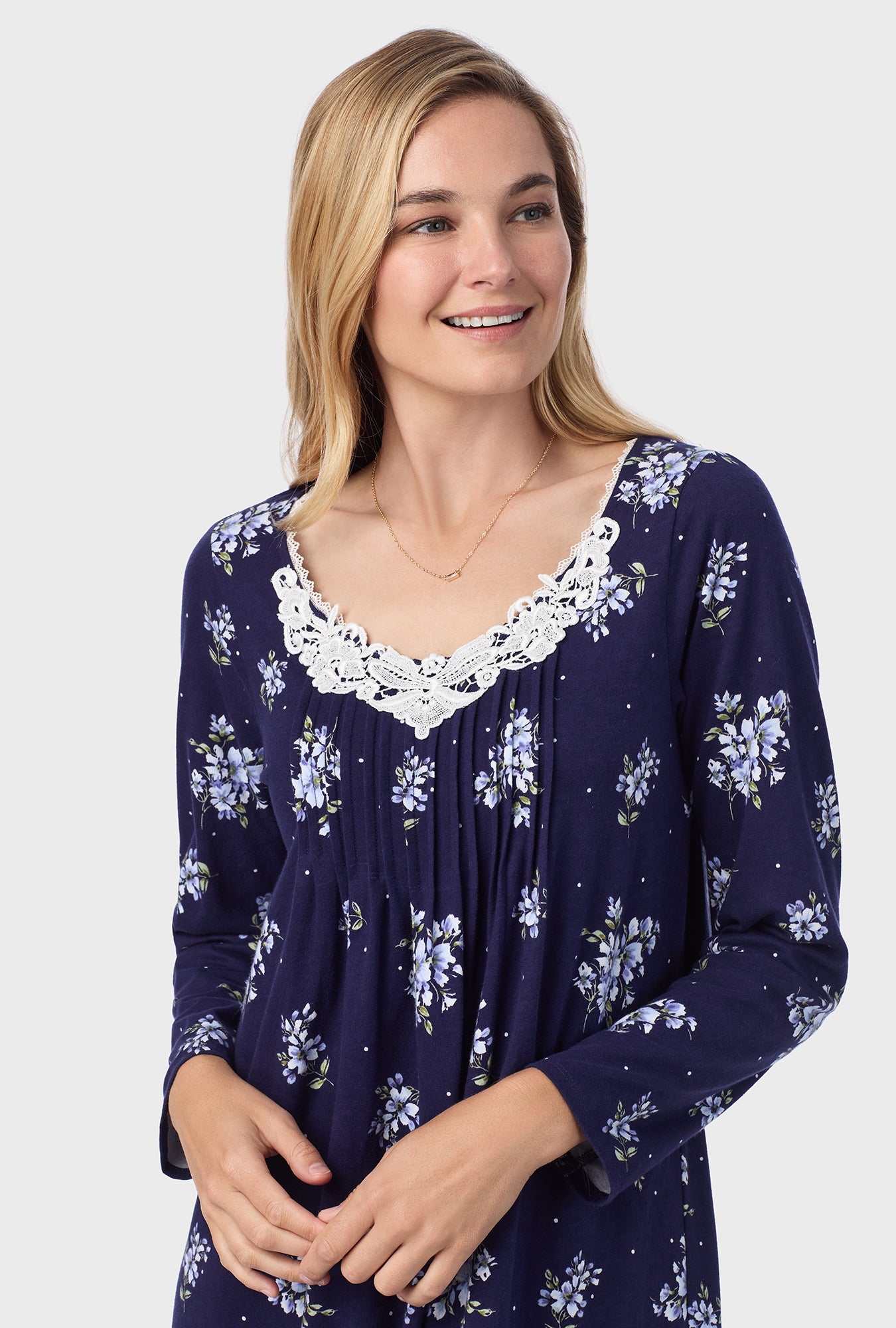 A lady wearing Navy Bouquet Cotton Waltz Nightgown