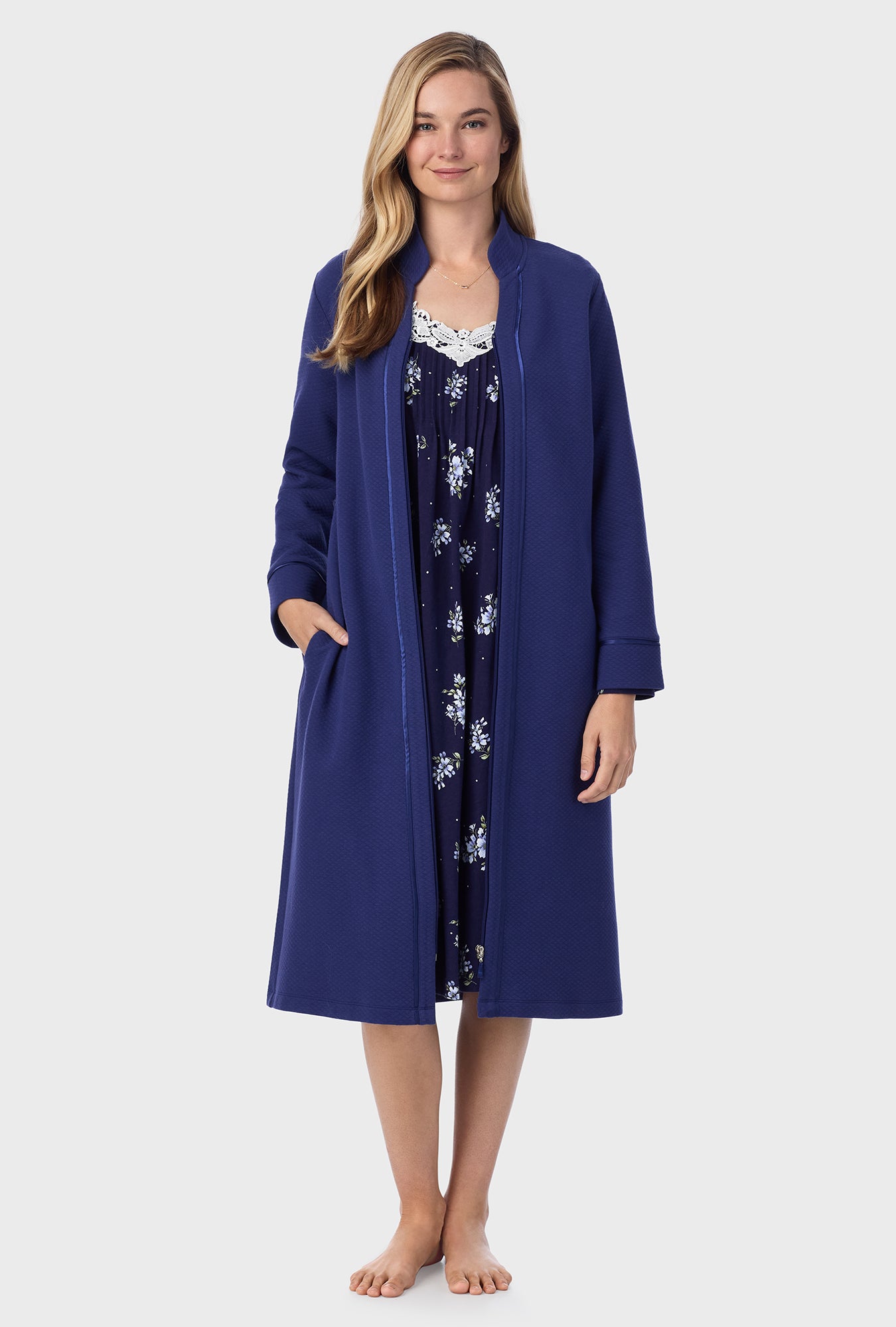 A lady wearing Navy Bouquet Cotton Waltz Nightgown